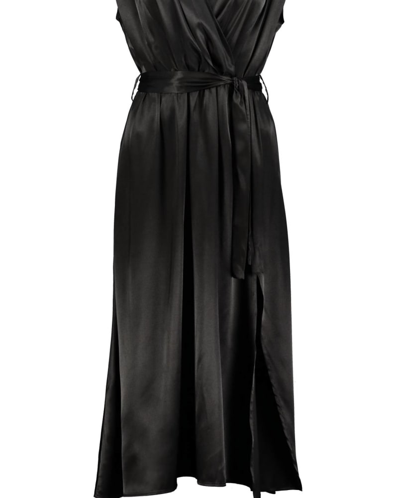 Front of a size Large Aeries Satin Wrap Dress in Black in Black by bishop + young. | dia_product_style_image_id:339226